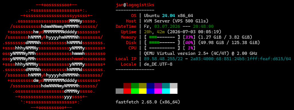 Ein Screenshot des Fastfetch-Outputs mit meiner Config